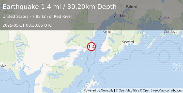 Earthquake 45 km WNW of Anchor Point, Alaska (1.4 ml) (2025-05-11 08:30:05 UTC)
