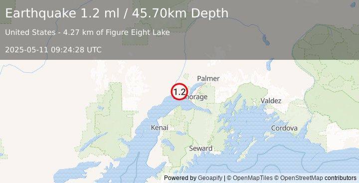 Earthquake 21 km WSW of Point MacKenzie, Alaska (1.2 ml) (2025-05-11 09:24:28 UTC)