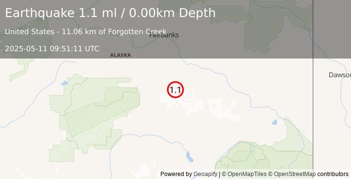 Earthquake 73 km SSW of Harding-Birch Lakes, Alaska (1.1 ml) (2025-05-11 09:51:11 UTC)