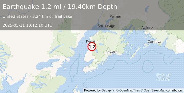 Earthquake 8 km E of Kasilof, Alaska (1.2 ml) (2025-05-11 10:12:10 UTC)