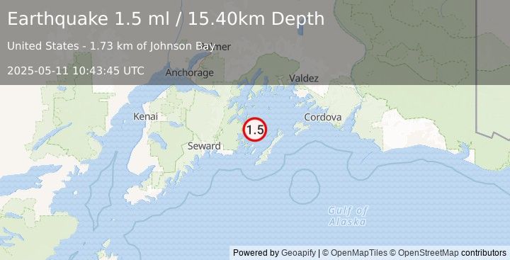 Earthquake 31 km NNE of Chenega, Alaska (1.5 ml) (2025-05-11 10:43:45 UTC)