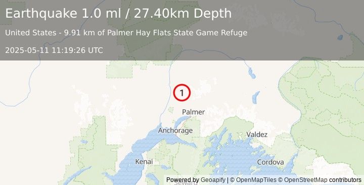 Earthquake 22 km SE of Susitna North, Alaska (1.0 ml) (2025-05-11 11:19:26 UTC)
