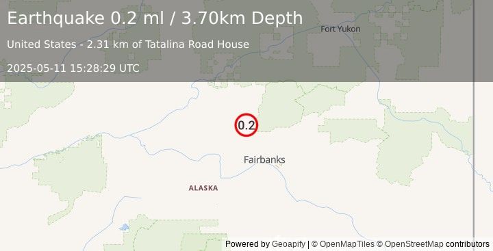 Earthquake 28 km SSE of Livengood, Alaska (0.2 ml) (2025-05-11 15:28:29 UTC)