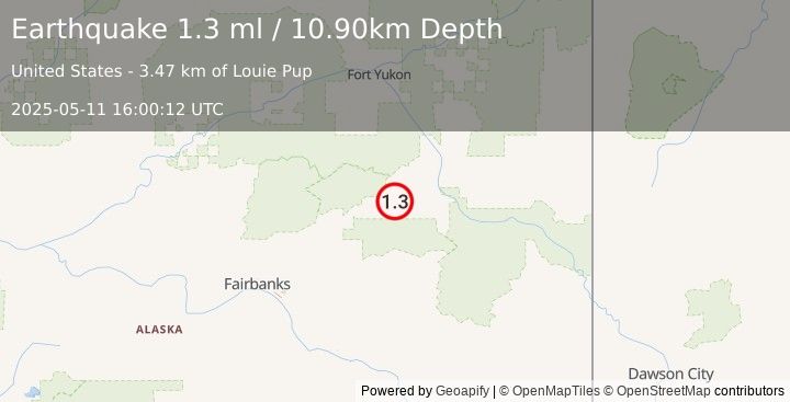 Earthquake 8 km WSW of Central, Alaska (1.3 ml) (2025-05-11 16:00:12 UTC)