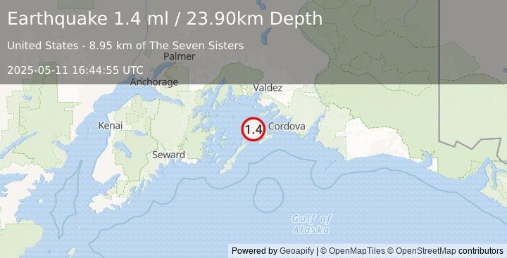 Earthquake 41 km S of Tatitlek, Alaska (1.4 ml) (2025-05-11 16:44:55 UTC)