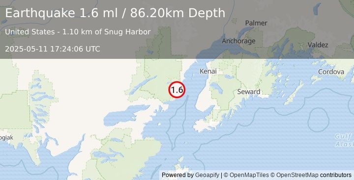 Earthquake 55 km WNW of Happy Valley, Alaska (1.6 ml) (2025-05-11 17:24:06 UTC)