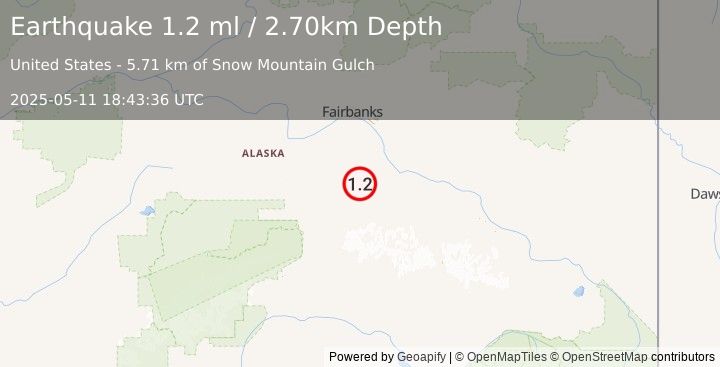 Earthquake 51 km SW of Salcha, Alaska (1.2 ml) (2025-05-11 18:43:36 UTC)