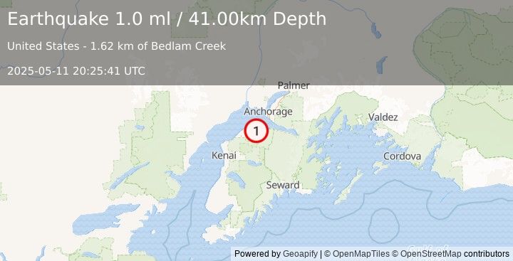 Earthquake 23 km E of Point Possession, Alaska (1.0 ml) (2025-05-11 20:25:41 UTC)