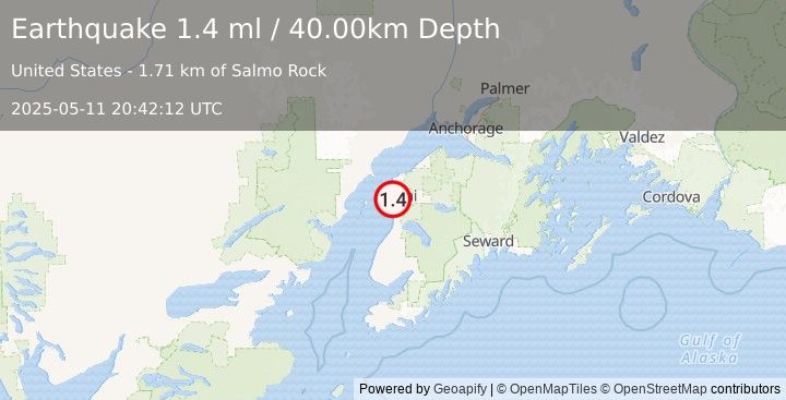Earthquake 7 km SW of Kenai, Alaska (1.4 ml) (2025-05-11 20:42:12 UTC)