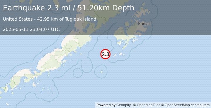 Earthquake 82 km WSW of Akhiok, Alaska (2.3 ml) (2025-05-11 23:04:07 UTC)