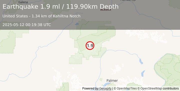 Earthquake 62 km NNW of Petersville, Alaska (1.9 ml) (2025-05-12 00:19:38 UTC)