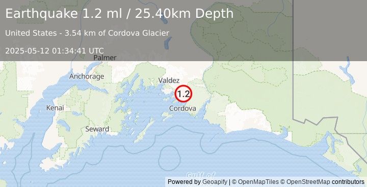 Earthquake 34 km N of Cordova, Alaska (1.2 ml) (2025-05-12 01:34:41 UTC)