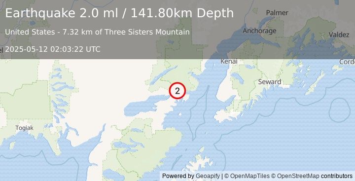 Earthquake 33 km ENE of Pedro Bay, Alaska (2.0 ml) (2025-05-12 02:03:22 UTC)