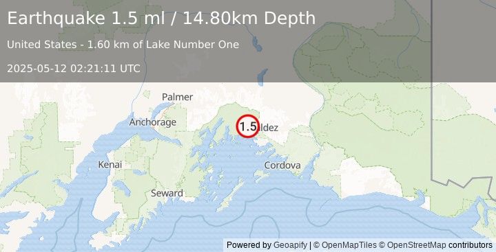 Earthquake 27 km W of Valdez, Alaska (1.5 ml) (2025-05-12 02:21:11 UTC)
