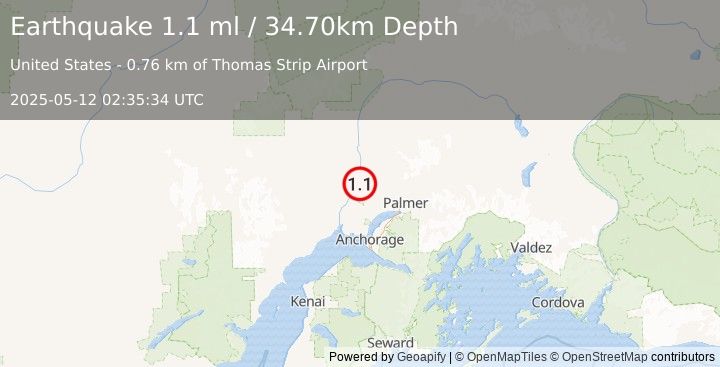 Earthquake 6 km NW of Willow, Alaska (1.1 ml) (2025-05-12 02:35:34 UTC)