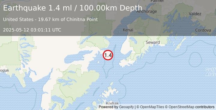Earthquake 52 km WSW of Anchor Point, Alaska (1.4 ml) (2025-05-12 03:01:11 UTC)
