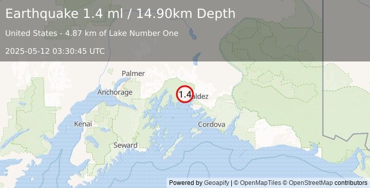 Earthquake 29 km W of Valdez, Alaska (1.4 ml) (2025-05-12 03:30:45 UTC)