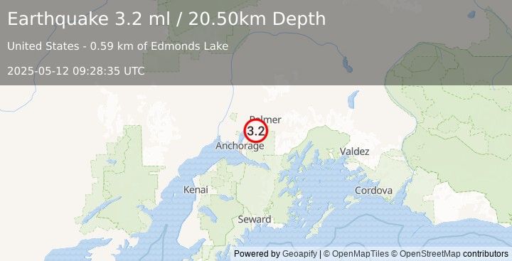 Earthquake 13 km SE of Knik-Fairview, Alaska (3.2 ml) (2025-05-12 09:28:35 UTC)
