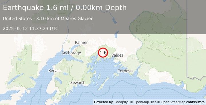 Earthquake 57 km NW of Tatitlek, Alaska (1.6 ml) (2025-05-12 11:37:23 UTC)