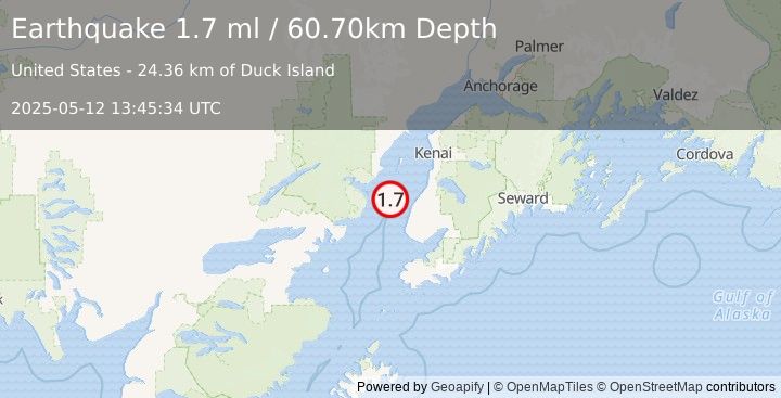 Earthquake 25 km W of Ninilchik, Alaska (1.7 ml) (2025-05-12 13:45:34 UTC)