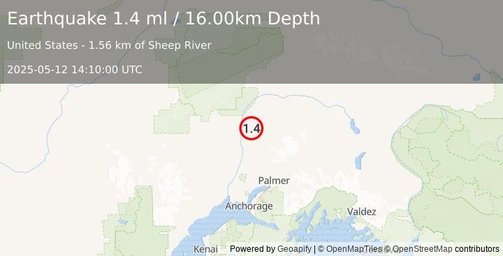 Earthquake 16 km ENE of Talkeetna, Alaska (1.4 ml) (2025-05-12 14:10:00 UTC)
