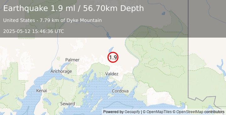 Earthquake 44 km SE of Nelchina, Alaska (1.9 ml) (2025-05-12 15:46:36 UTC)