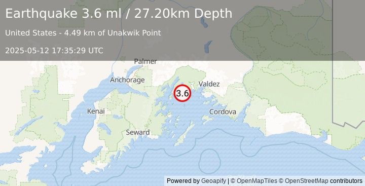 Earthquake 44 km WNW of Tatitlek, Alaska (3.3 ml) (2025-05-12 17:35:30 UTC)