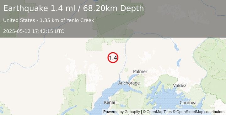 Earthquake 21 km ENE of Skwentna, Alaska (1.4 ml) (2025-05-12 17:42:15 UTC)