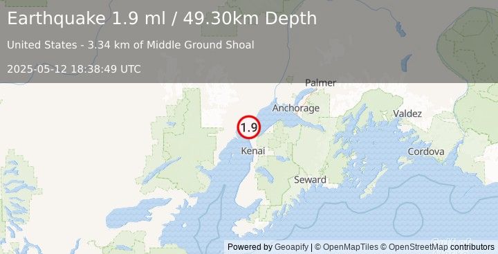 Earthquake 21 km SW of Tyonek, Alaska (1.9 ml) (2025-05-12 18:38:49 UTC)