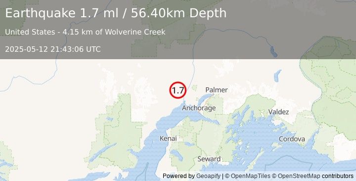 Earthquake 16 km WNW of Susitna, Alaska (1.7 ml) (2025-05-12 21:43:06 UTC)