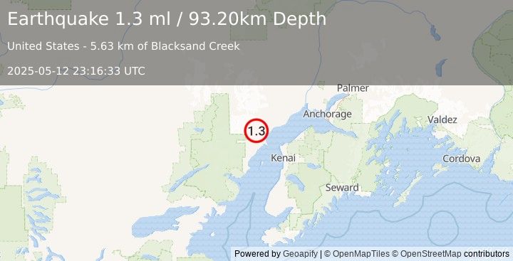 Earthquake 52 km WSW of Tyonek, Alaska (1.3 ml) (2025-05-12 23:16:33 UTC)