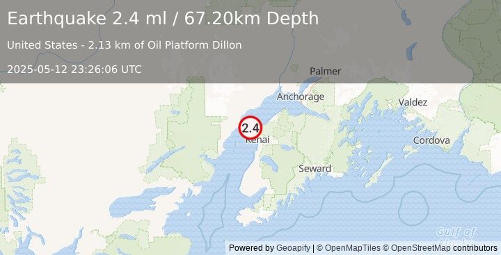 Earthquake 11 km WNW of Nikiski, Alaska (2.4 ml) (2025-05-12 23:26:06 UTC)