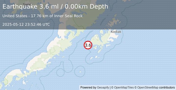 Earthquake 50 km WNW of Akhiok, Alaska (3.6 ml) (2025-05-12 23:52:46 UTC)