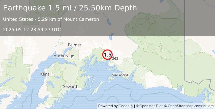 Earthquake 22 km NW of Valdez, Alaska (1.5 ml) (2025-05-12 23:59:27 UTC)