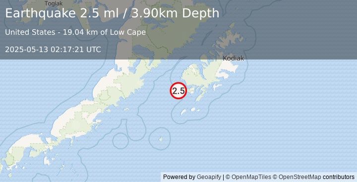 Earthquake 40 km W of Akhiok, Alaska (2.5 ml) (2025-05-13 02:17:21 UTC)