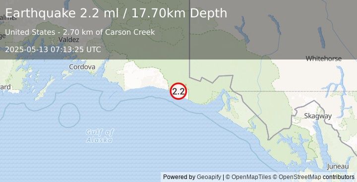 Earthquake 111 km WNW of Yakutat, Alaska (2.2 ml) (2025-05-13 07:13:25 UTC)