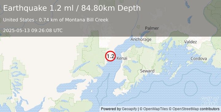 Earthquake 41 km W of Salamatof, Alaska (1.2 ml) (2025-05-13 09:26:08 UTC)