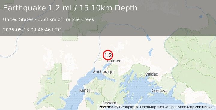 Earthquake 17 km WNW of Fishhook, Alaska (1.2 ml) (2025-05-13 09:46:46 UTC)