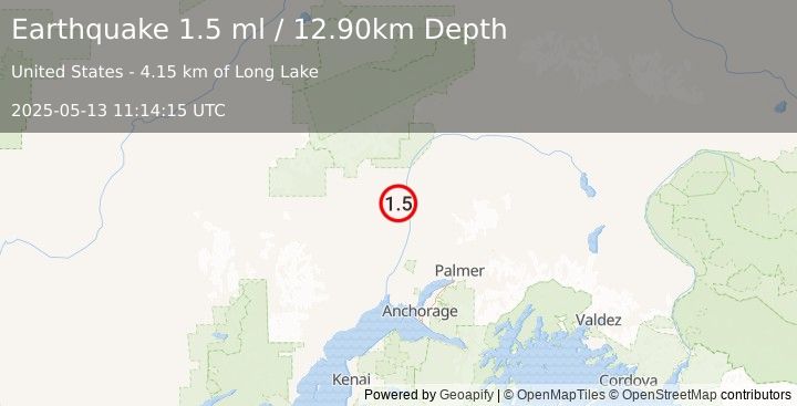 Earthquake 10 km SSW of Trapper Creek, Alaska (1.5 ml) (2025-05-13 11:14:15 UTC)