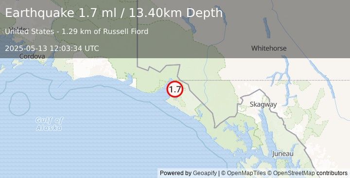 Earthquake 37 km NE of Yakutat, Alaska (1.7 ml) (2025-05-13 12:03:34 UTC)