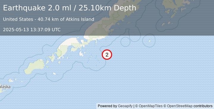 Earthquake 77 km SSE of Perryville, Alaska (2.0 ml) (2025-05-13 13:37:09 UTC)