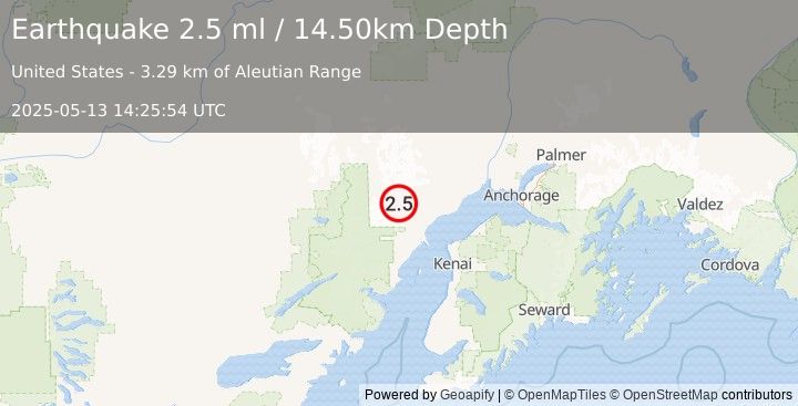 Earthquake 64 km W of Tyonek, Alaska (2.5 ml) (2025-05-13 14:25:54 UTC)