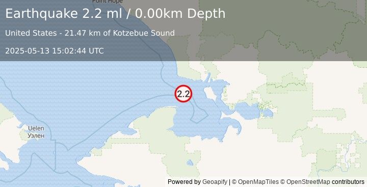 Earthquake 38 km WSW of Kotzebue, Alaska (2.2 ml) (2025-05-13 15:02:44 UTC)