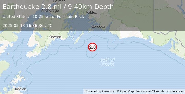 Earthquake 102 km SSW of Cordova, Alaska (2.8 ml) (2025-05-13 16:36:36 UTC)