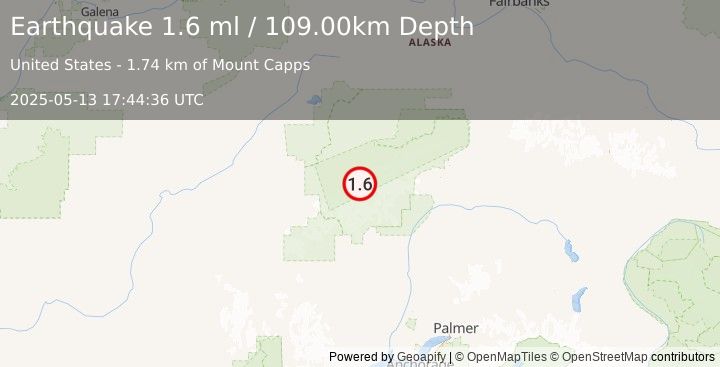 Earthquake 58 km SSE of Denali National Park, Alaska (1.6 ml) (2025-05-13 17:44:36 UTC)