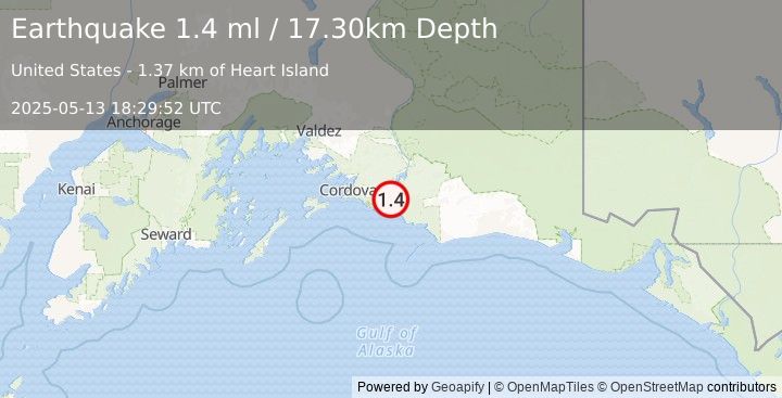 Earthquake 48 km ESE of Cordova, Alaska (1.4 ml) (2025-05-13 18:29:52 UTC)