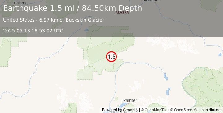 Earthquake 63 km NNE of Petersville, Alaska (1.5 ml) (2025-05-13 18:53:02 UTC)