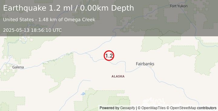 Earthquake 17 km NE of Manley Hot Springs, Alaska (1.2 ml) (2025-05-13 18:56:10 UTC)