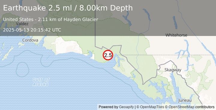 Earthquake 53 km NNW of Yakutat, Alaska (2.5 ml) (2025-05-13 20:15:42 UTC)