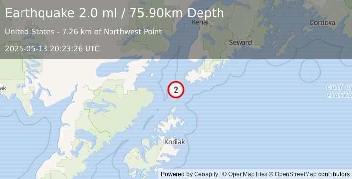 Earthquake 43 km SSW of Nanwalek, Alaska (2.0 ml) (2025-05-13 20:23:26 UTC)
